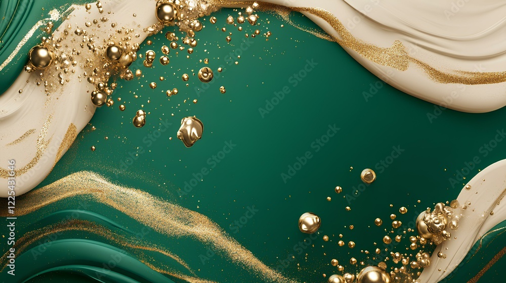 Poster deep emerald green background with gold abstract splatters, symbolizing richness and class