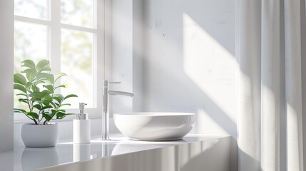 Clean sink with silver tap on bathroom window backdrop
