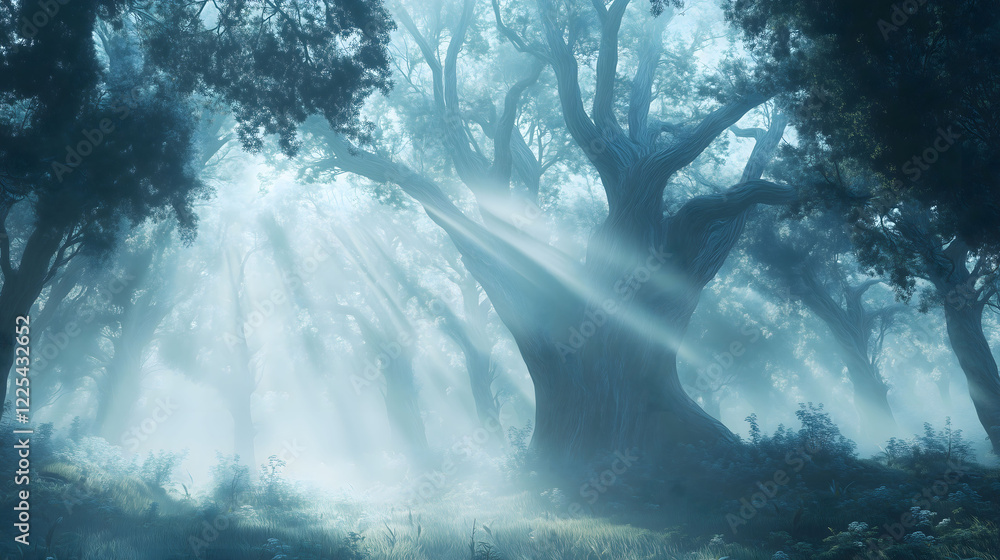 Poster serene forest environment illuminated by soft sunlight filtering through trees. generative ai