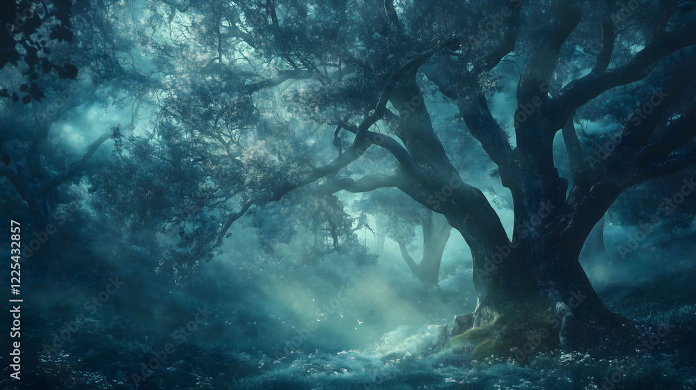 Poster whispers of light through trees in a tranquil forest at dawn. generative ai
