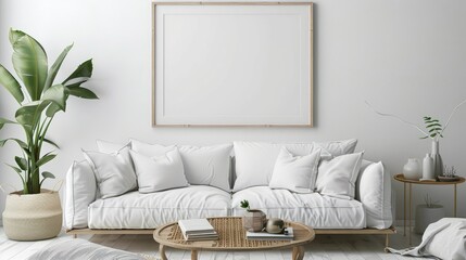 Comfortable living room decor with blank frame, white couch, coffee table, and accessories.