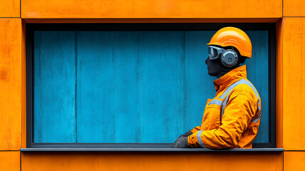 Construction worker in safety gear, orange jacket, and helmet, looking out