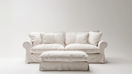 Comfortable couch and footstool on white backdrop