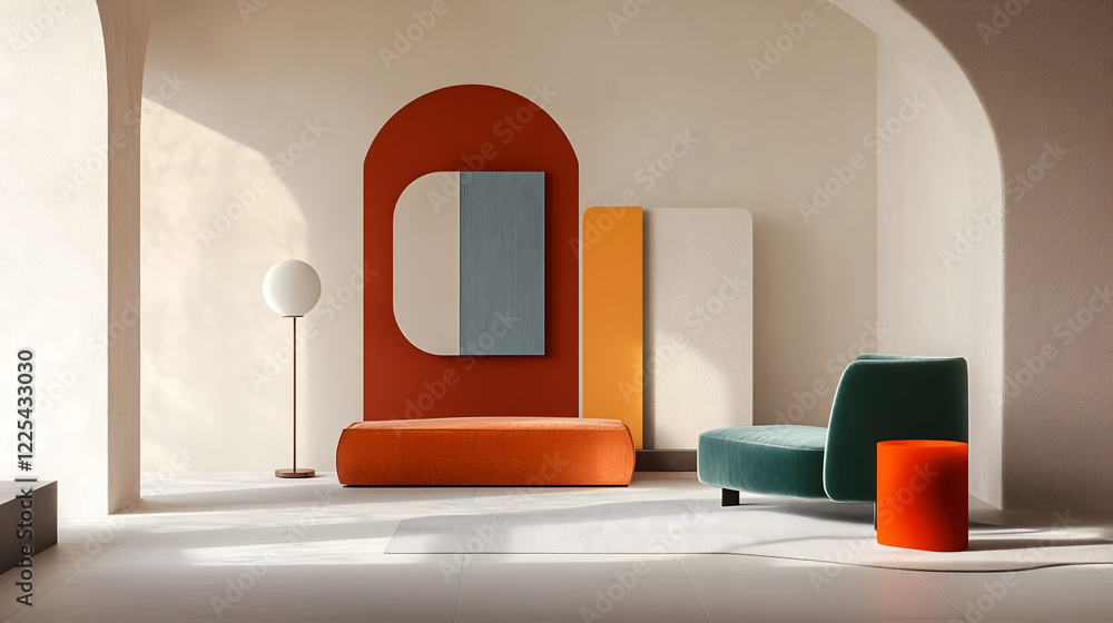Poster modern minimalist interior design with color accents and unique shapes. generative ai