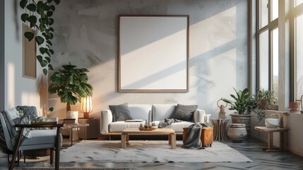 Cozy living room interior with mock up poster frame and stylish decor