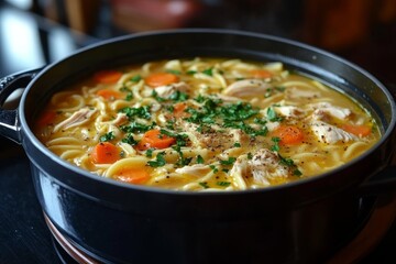 Homemade chicken noodle soup pot