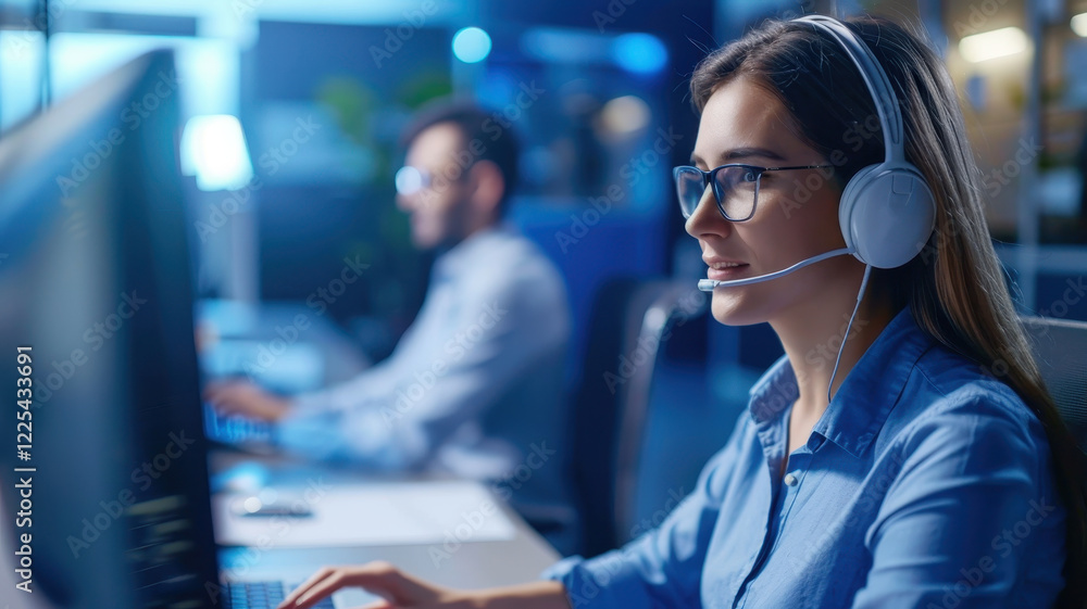 Poster technical support agent wearing headset assists employee in modern office setting, focusing on custo