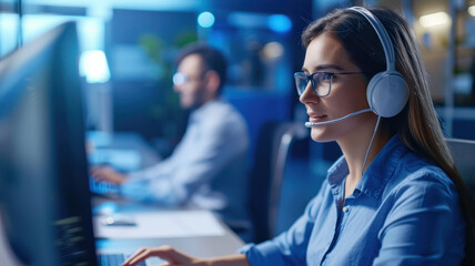 technical support agent wearing headset assists employee in modern office setting, focusing on customer service and problem solving