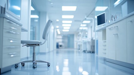 Empty medical office with chair and cabinets in a clean and modern hospital setting