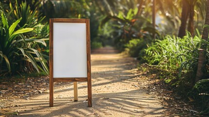 Empty mockup standing sandwich board with copy space on coastal pathway.