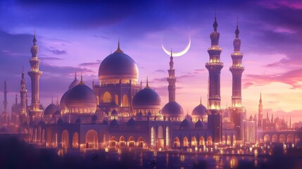 Majestic Mosque at Twilight Under Crescent Moon