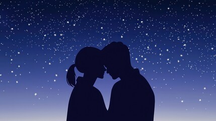 Obraz premium Two lovers, minimalist silhouettes, standing close under a starry sky, one resting their head on the other's shoulder, conveying intimacy and quiet connection