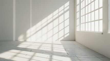 Obraz premium Empty studio room with white background and window shadows for product showcasing.