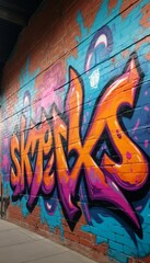 This striking graffiti mural bursts with energy, featuring the word SKTEKS in bold, dynamic lettering against a colorful backdrop of blues and pinks. The vivid colors and playful splashes evoke a