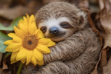 Baby sloth holding a sunflower