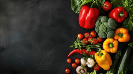 Fresh vegetables background with space for displaying products on black background. View from above.
