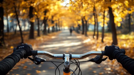 Autumn Bike Ride First-Person View of Cyclist s Hands Gripping Handlebars on a Sunny Path