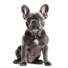 Adult gray french bulldog sitting, isolated on white background. Isolated, transparent, png.