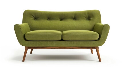 Green fabric sofa on wooden legs isolated on white background. Furniture collection