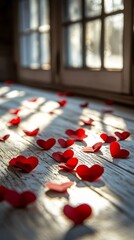 Valentine background with red heart on rustic wooden