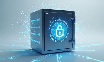 A sleek metallic safe with a glowing interface, featuring a holographic padlock symbol and radiating neon-blue light, surrounded by interconnected data nodes in a minimalist white environment.