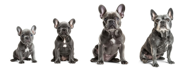 Collection of french bulldogs in many aging stages of life, sitting, isolated on white background. Isolated, transparent, png.