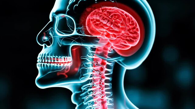 Detailed anatomical illustration of the human skull, spine, and brain showing neural pathways and structures