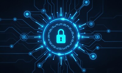 Obraz premium A sci-fi inspired security interface, featuring a circular lock design with glowing neon-blue highlights, surrounded by a web of interconnected digital nodes and circuits.