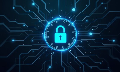 A sci-fi inspired security interface, featuring a circular lock design with glowing neon-blue highlights, surrounded by a web of interconnected digital nodes and circuits.