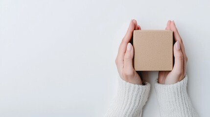 Obraz premium Hands holding gift box, white background, minimalist design, perfect for e-commerce