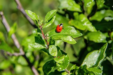 Ladybug on a Leaf A bright red ladybug crawling on a fresh green leaf with water droplets