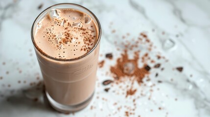 Make iced cocoa with milk in a clear glass on marble with space for text.