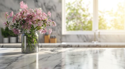 Fototapeta premium Marble table top on kitchen background for product showcase