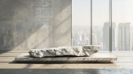 Mock-Up Background for Product Display on Stone Table with Glass Window Wall in the Background