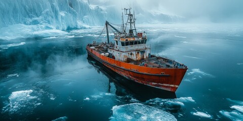 Fototapeta premium Fishing boats above vibrant marine life, illustrating marine industry, sustainability, and adventure.