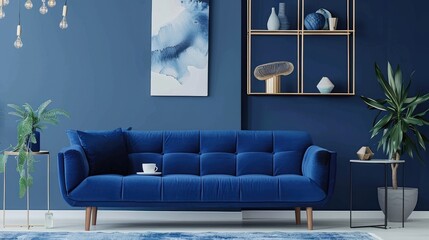 Modern living room interior design with blue sofa, metal shelf, coffee table, and elegant home accessories on dark blue wall.