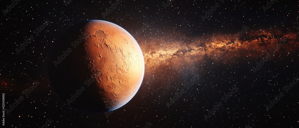 Poster distant planet with a visible galaxy in a star filled space with a dark background