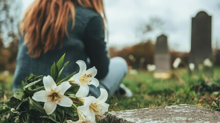A grieving woman kneeling by a gravestone, placing a bouquet of white lilies, soft overcast lighting, emotional and reflective mood
