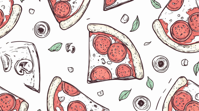 Delicious Pizza Doodle Seamless Pattern Vector Outline Design