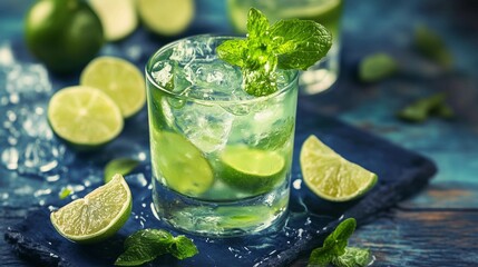 Fototapeta premium A glass of limeade with a sprig of mint on top