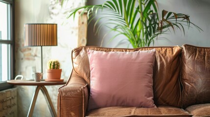Pink pillow on leather couch in living room with plant on nearby table. Actual image