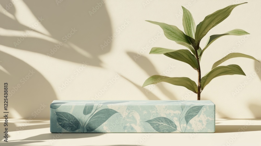 Poster Minimalist display featuring a patterned block and plant