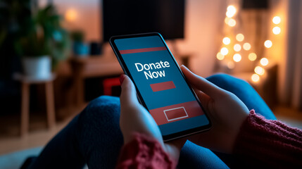 Person using smartphone to make an online donation with "Donate Now" screen in modern indoor setting_2