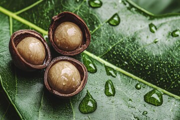 Obraz premium Macadamia Nuts on a Leaf Fresh macadamia nuts placed on a large green leaf, with water droplets for a fresh aesthetic
