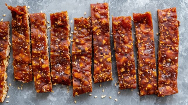Raw tempeh slices marinated in seasoned brine before frying on a gray backdrop