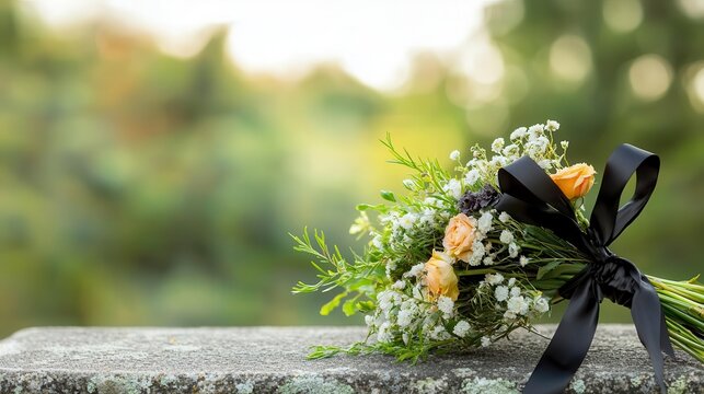 A black ribbon tied around a bouquet of fresh flowers, resting on a gravestone, symbolic of mourning and remembrance