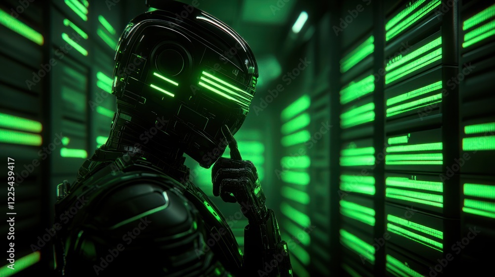 Aufkleber futuristic humanoid robot in high-tech data center with glowing green lights contemplating in a digi