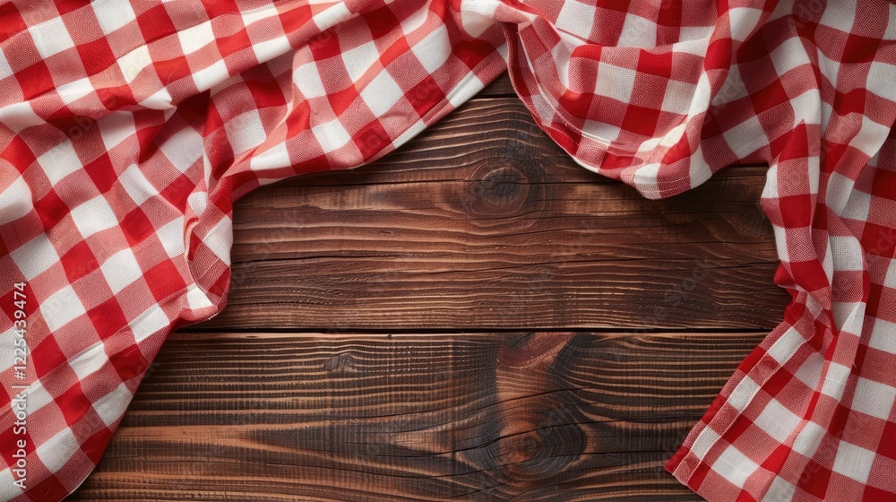 Wall mural Red and white checkered fabric on wooden surface for food design and menu layout.