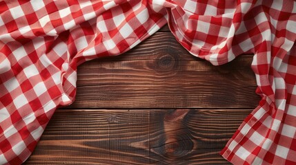 Obraz premium Red and white checkered fabric on wooden surface for food design and menu layout.
