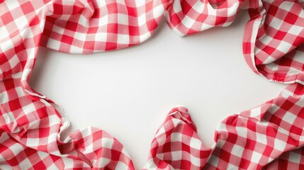 Red gingham fabric with wrinkles on white background, empty space for text.